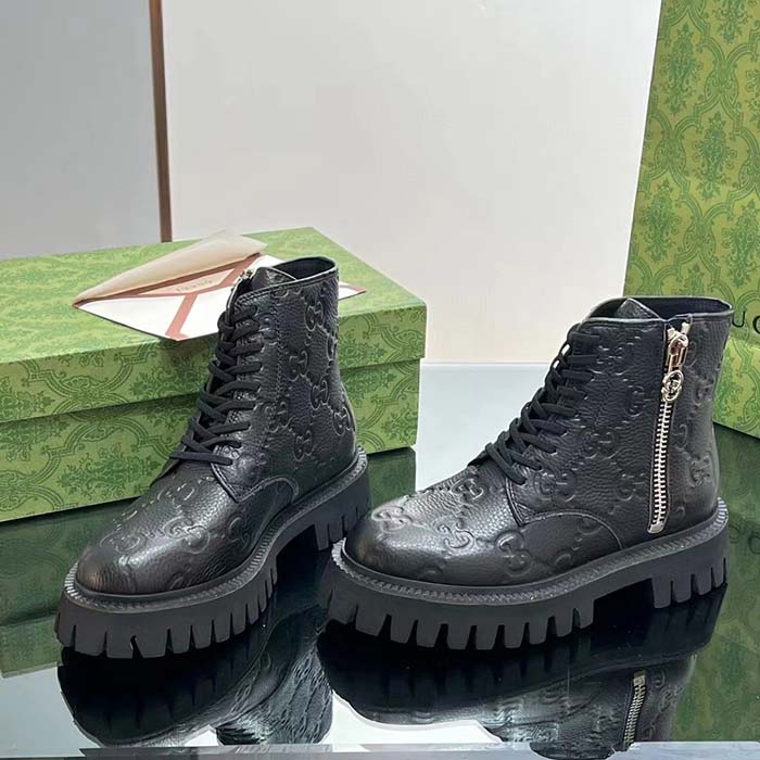 G*u*i unisex gg leather boots rubber lug sole lace-up interlocking g flats
