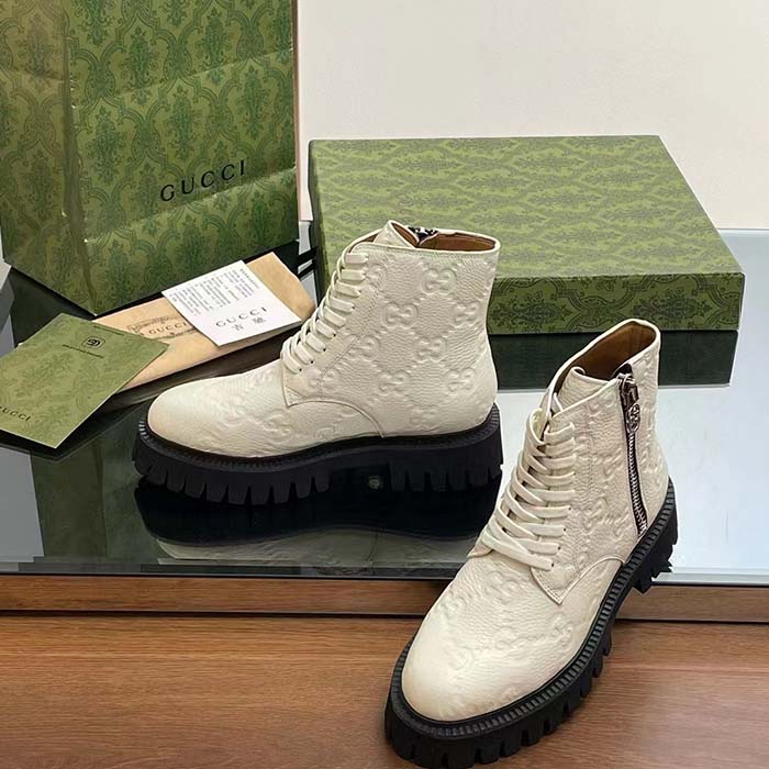 G*u*i unisex gg leather boots white rubber lug sole lace-up interlocking g flats