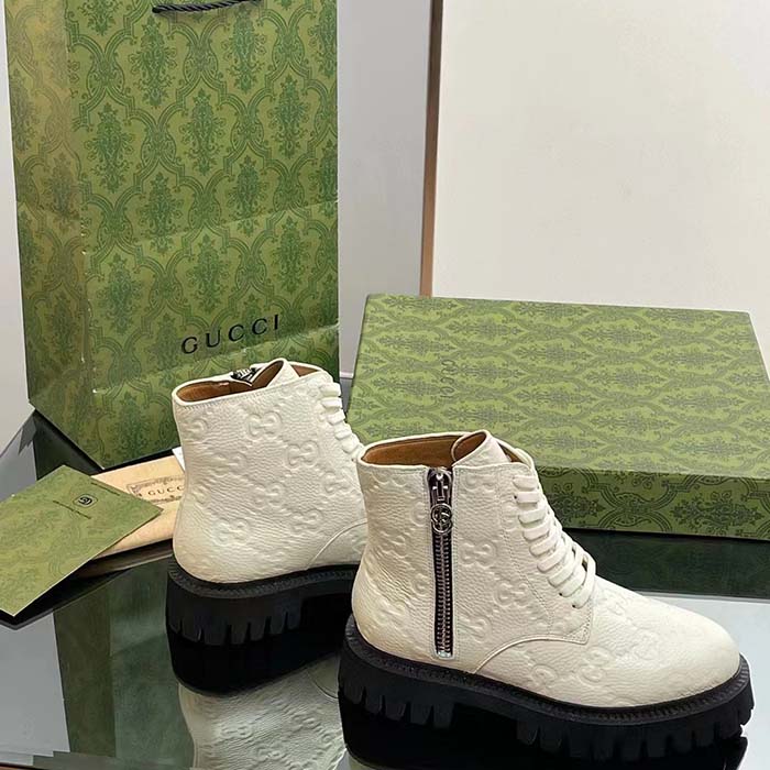 G*u*i unisex gg leather boots white rubber lug sole lace-up interlocking g flats