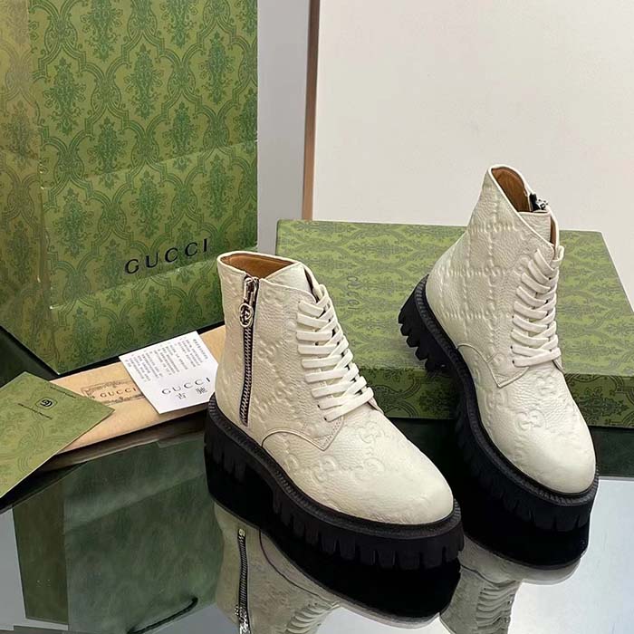 G*u*i unisex gg leather boots white rubber lug sole lace-up interlocking g flats
