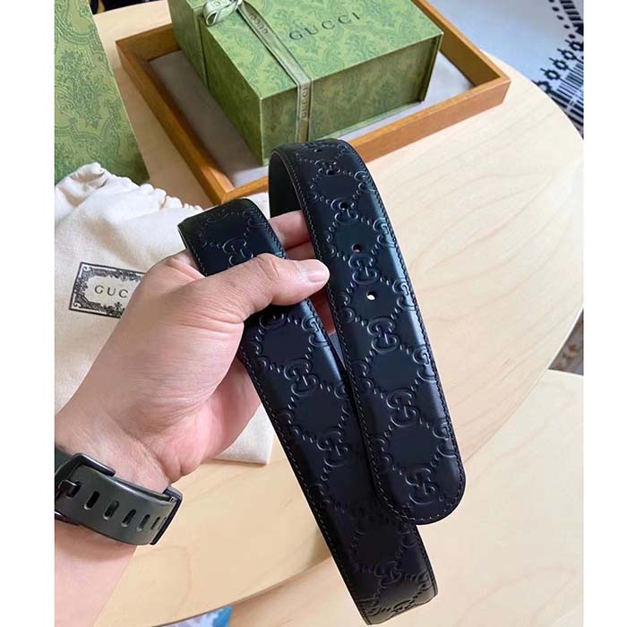 G*u*i unisex gg signature leather belt black interlocking g buckle 3.8 cm width