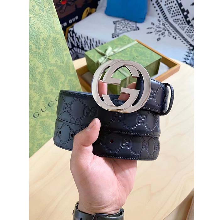 G*u*i unisex gg signature leather belt black interlocking g buckle 3.8 cm width