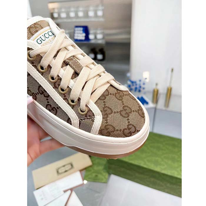 G*u*i unisex gg sneaker beige ebony original gg canvas rubber sole interlocking g flat