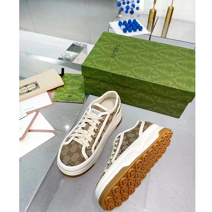 G*u*i unisex gg sneaker beige ebony original gg canvas rubber sole interlocking g flat