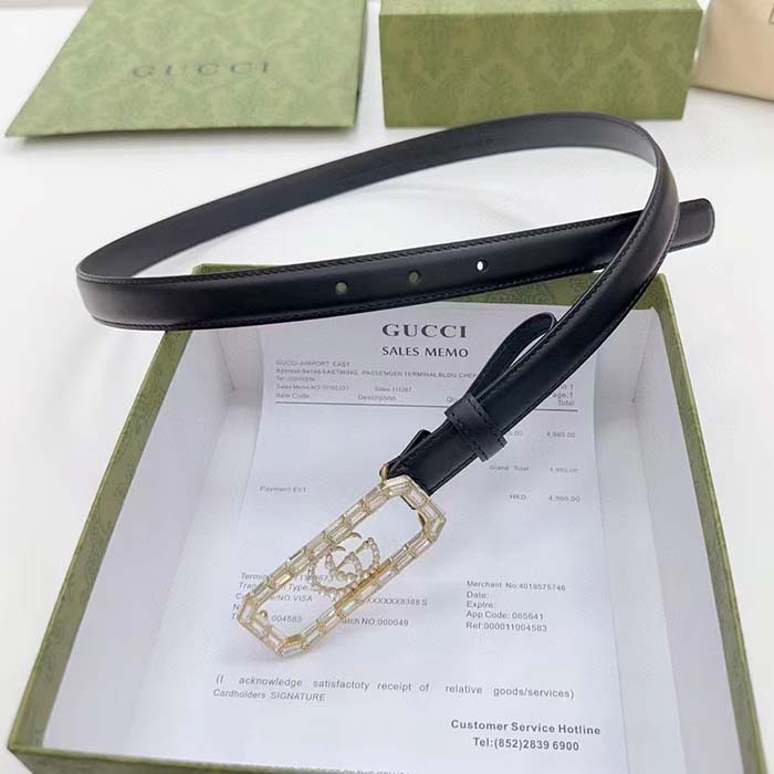 G*u*i unisex gg thin belt crystal double g buckle black leather 2 cm width