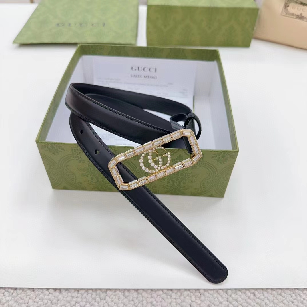 G*u*i unisex gg thin belt crystal double g buckle black leather 2 cm width