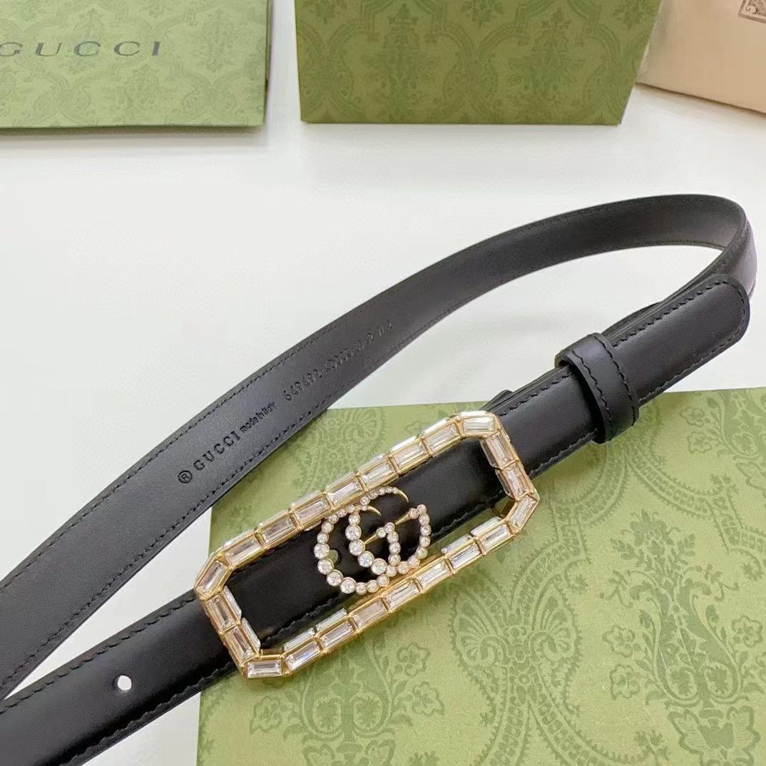 G*u*i unisex gg thin belt crystal double g buckle black leather 2 cm width