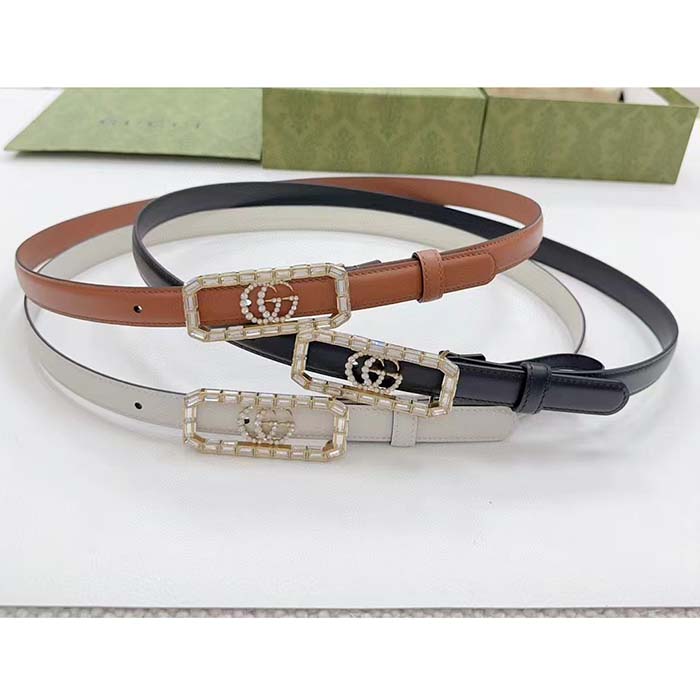 G*u*i unisex gg thin belt crystal double g buckle black leather 2 cm width