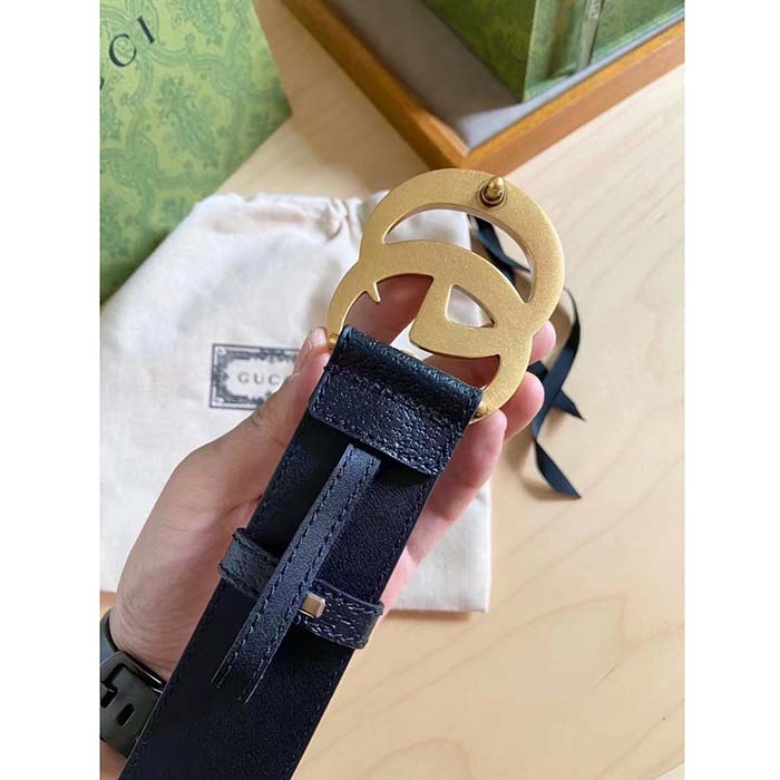 G*u*i unisex gg wide leather belt double g buckle 3.8 cm width black metal-free tanned