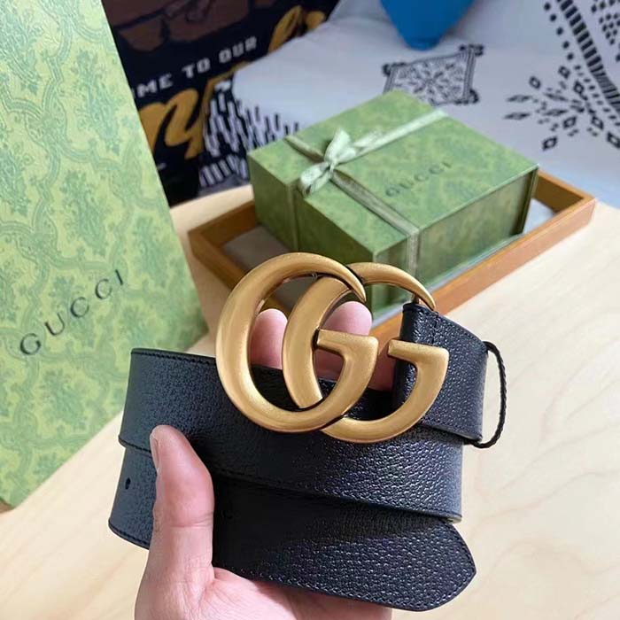 G*u*i unisex gg wide leather belt double g buckle 3.8 cm width black metal-free tanned