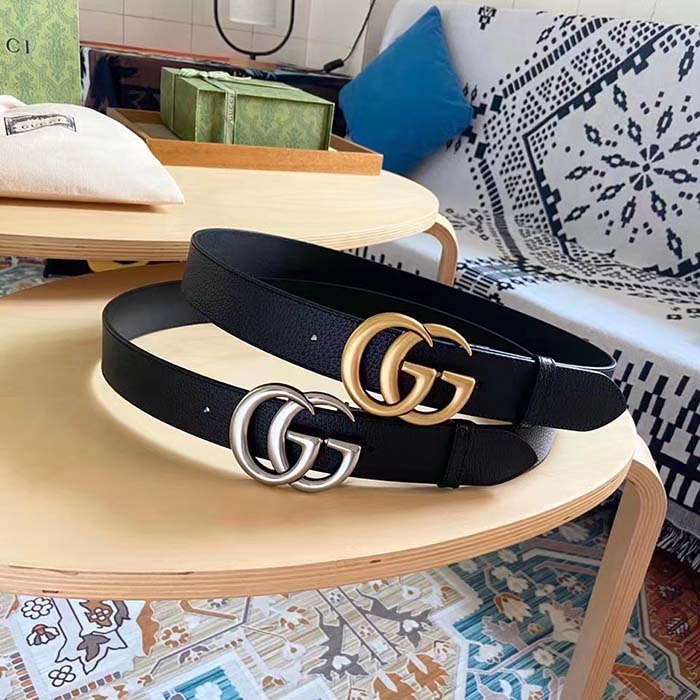 G*u*i unisex gg wide leather belt double g buckle 3.8 cm width black metal-free tanned
