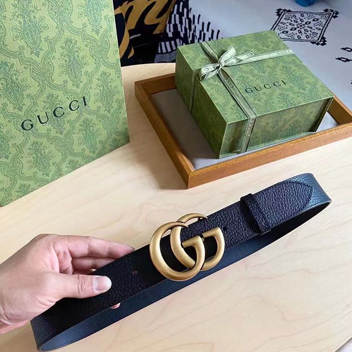 G*u*i unisex gg wide leather belt double g buckle 3.8 cm width black metal-free tanned