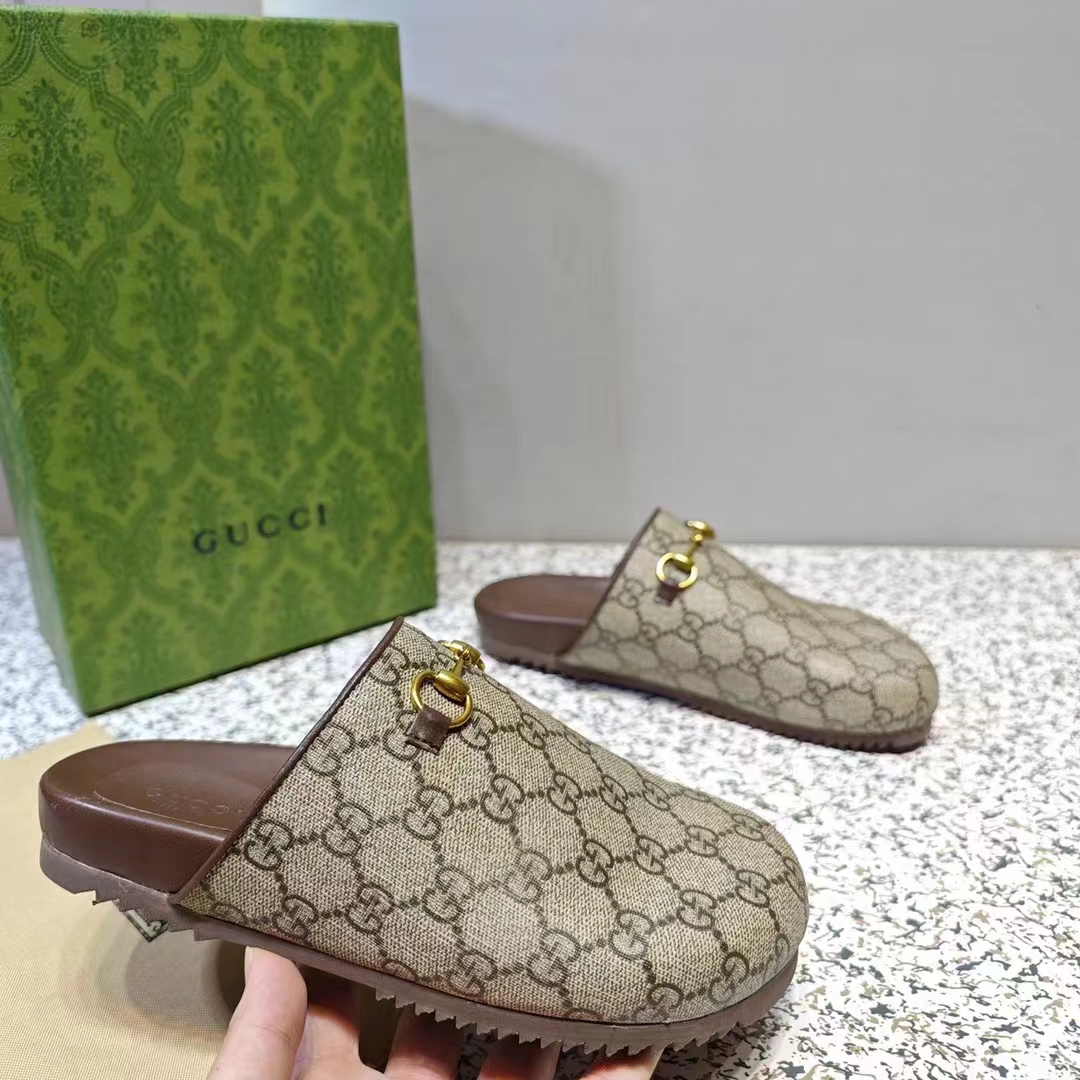 G*u*i unisex horsebit slipper beige ebony gg supreme leather horsebit flat 1 cm heel