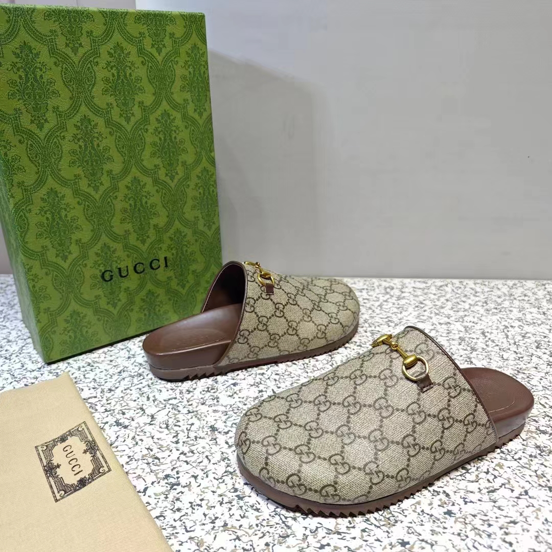 G*u*i unisex horsebit slipper beige ebony gg supreme leather horsebit flat 1 cm heel