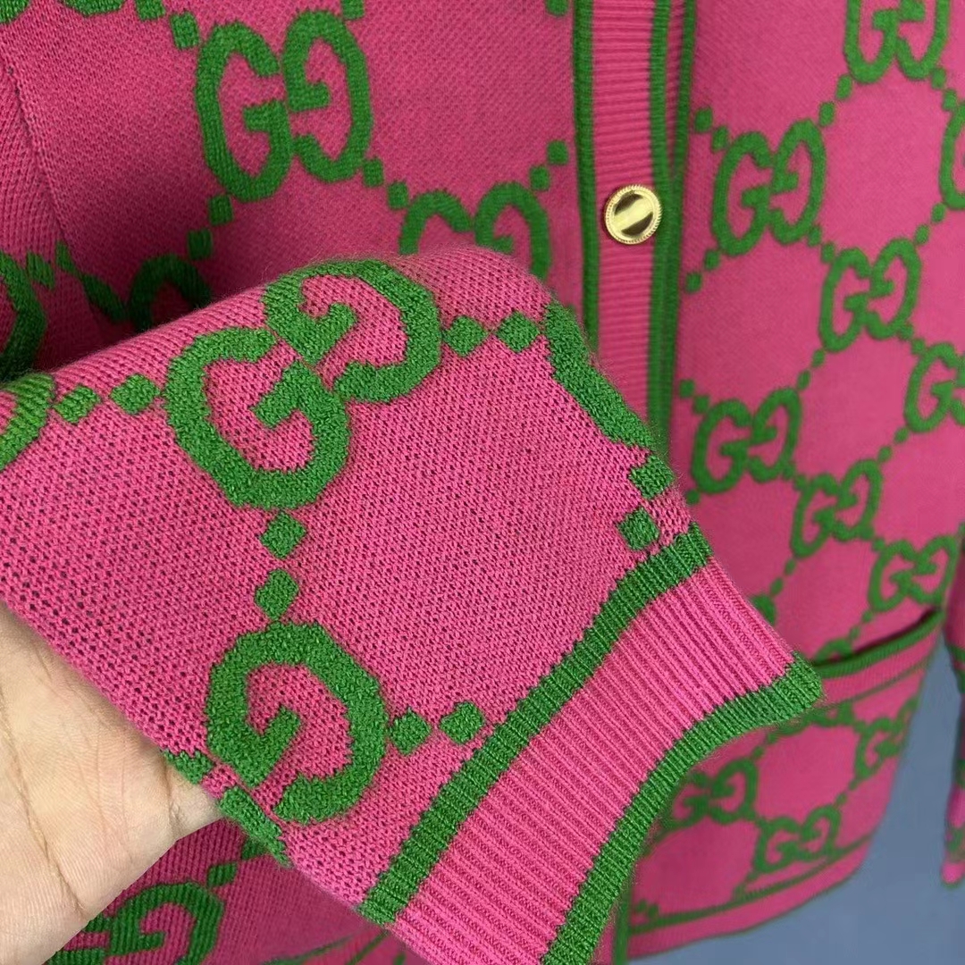 G*u*i women cotton silk blend cardigan fuchsia green jacquard crewneck long sleeves