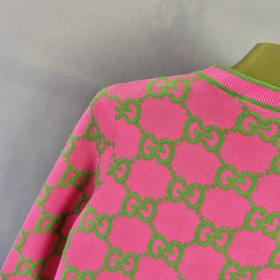 G*u*i women cotton silk blend cardigan fuchsia green jacquard crewneck long sleeves