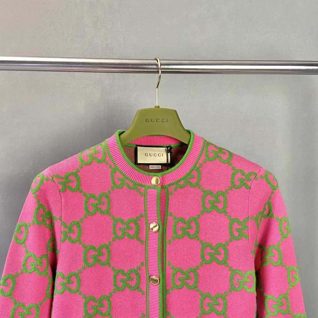 G*u*i women cotton silk blend cardigan fuchsia green jacquard crewneck long sleeves