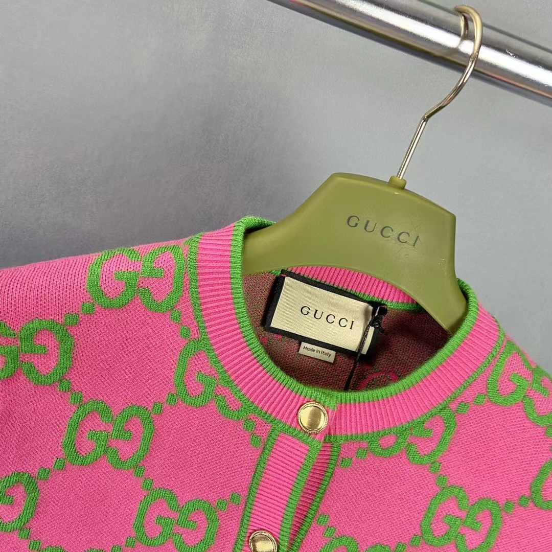 G*u*i women cotton silk blend cardigan fuchsia green jacquard crewneck long sleeves