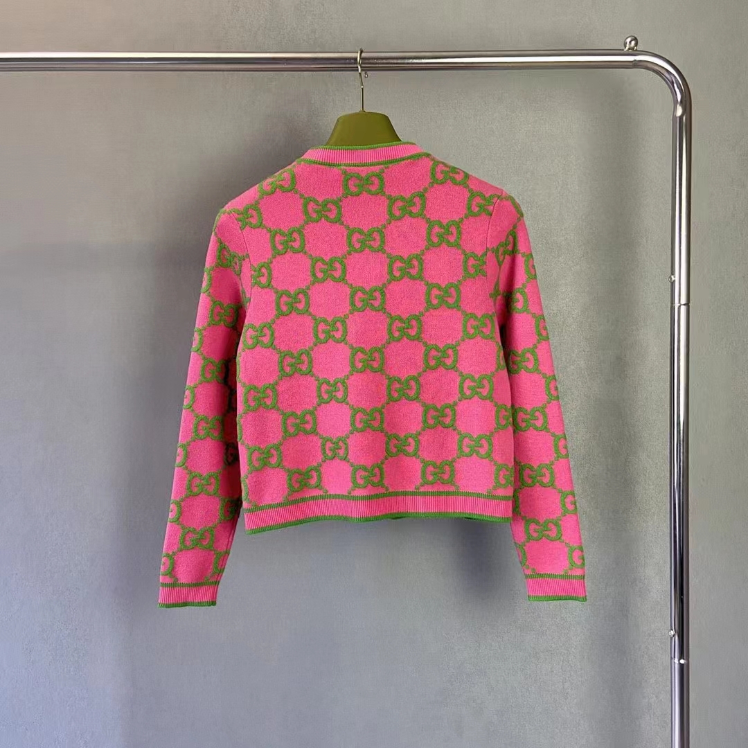 G*u*i women cotton silk blend cardigan fuchsia green jacquard crewneck long sleeves