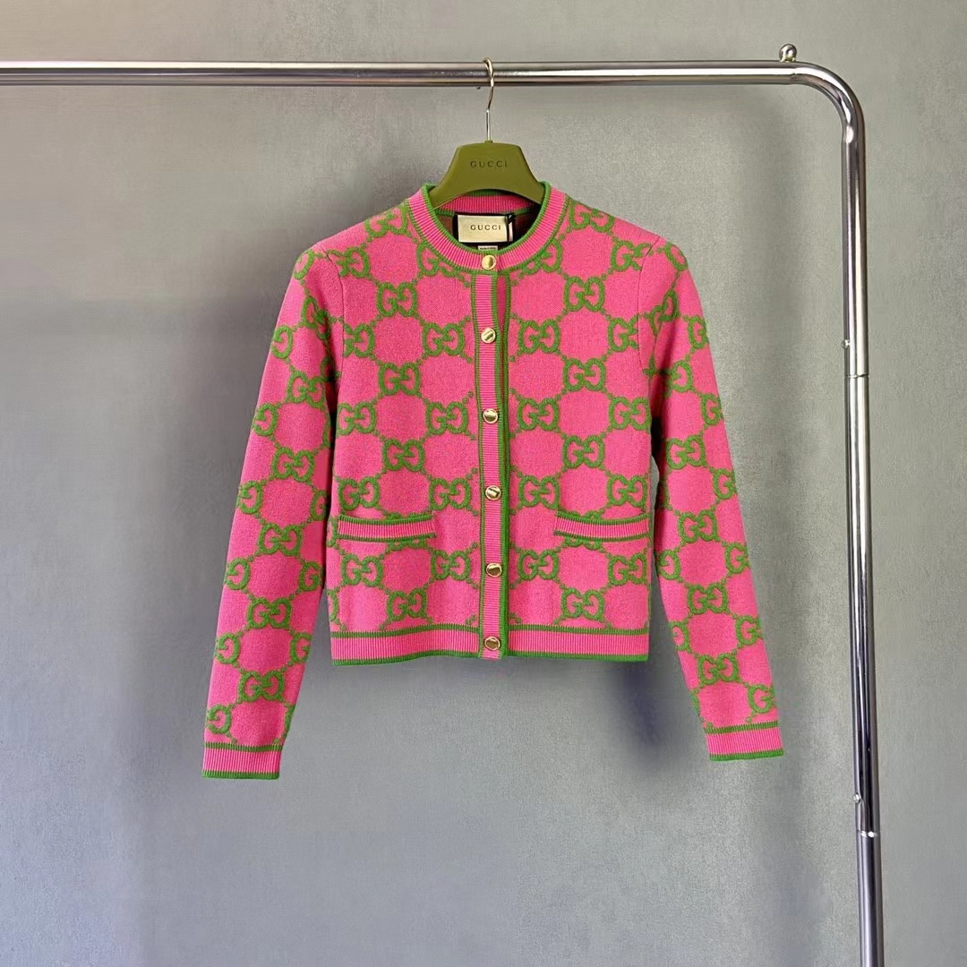G*u*i women cotton silk blend cardigan fuchsia green jacquard crewneck long sleeves