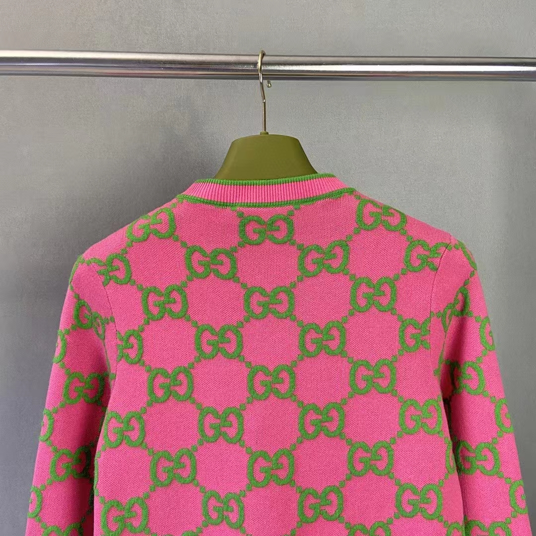 G*u*i women cotton silk blend cardigan fuchsia green jacquard crewneck long sleeves