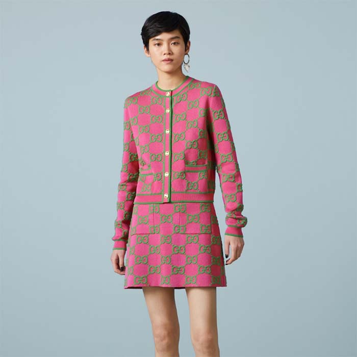 G*u*i women cotton silk blend cardigan fuchsia green jacquard crewneck long sleeves