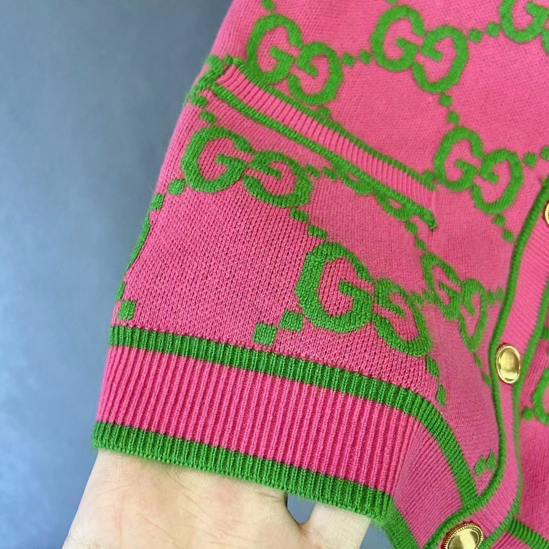 G*u*i women cotton silk blend cardigan fuchsia green jacquard crewneck long sleeves