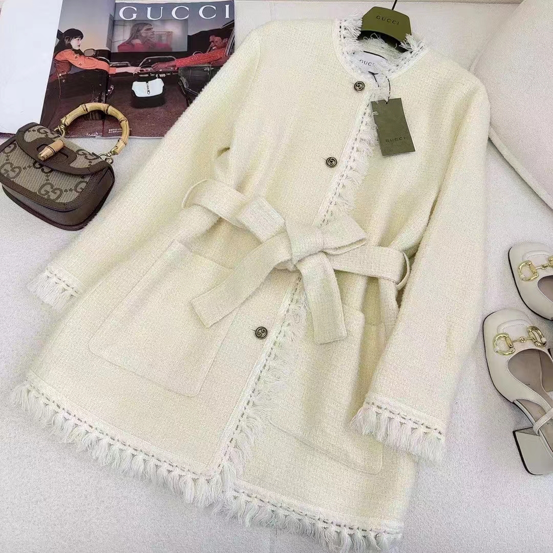 G*u*i women gg belted wool bouclé jacket white ribbon lined detachable patch pockets