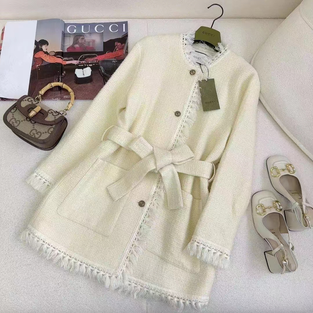 G*u*i women gg belted wool bouclé jacket white ribbon lined detachable patch pockets