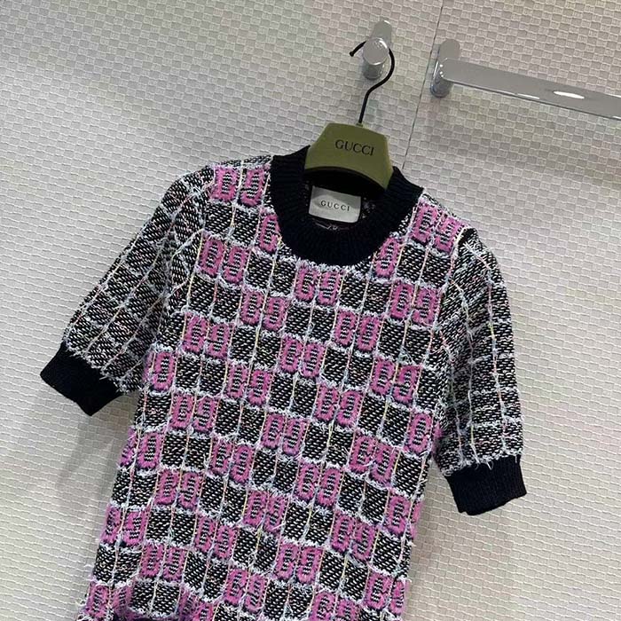 G*u*i women gg cotton dress black pink blend double g buttons intarsia crewneck short sleeves