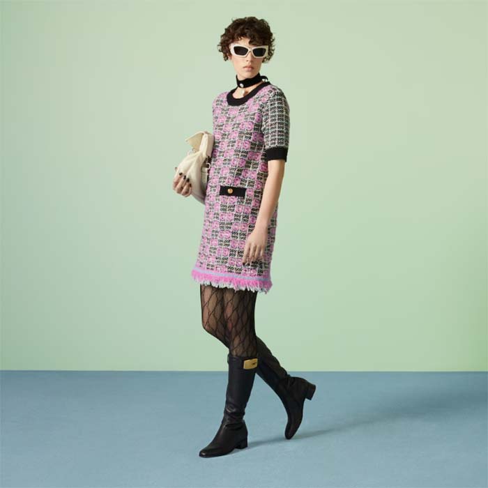 G*u*i women gg cotton dress black pink blend double g buttons intarsia crewneck short sleeves