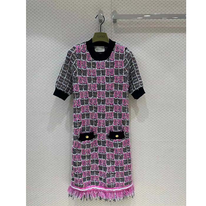 G*u*i women gg cotton dress black pink blend double g buttons intarsia crewneck short sleeves