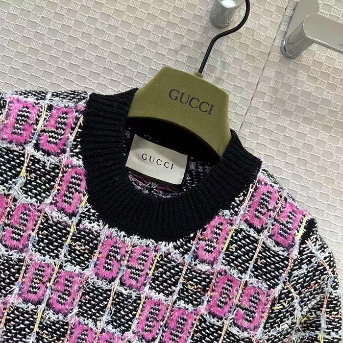 G*u*i women gg cotton dress black pink blend double g buttons intarsia crewneck short sleeves