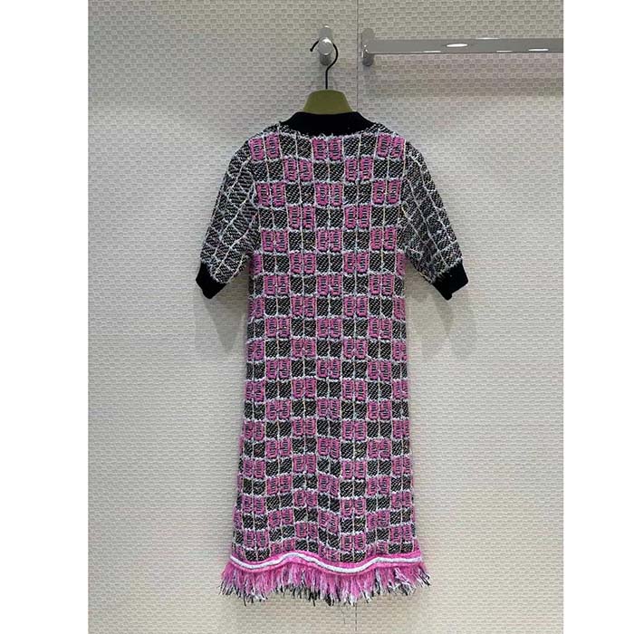 G*u*i women gg cotton dress black pink blend double g buttons intarsia crewneck short sleeves