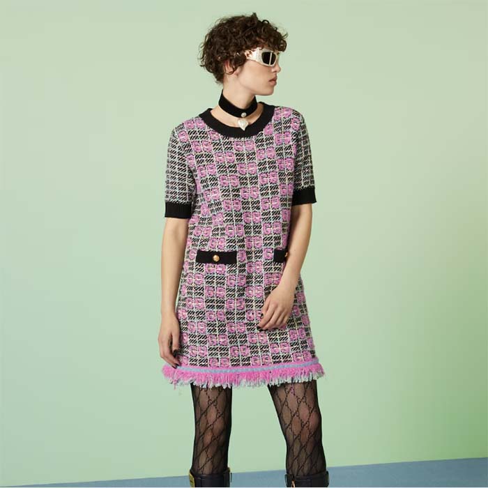 G*u*i women gg cotton dress black pink blend double g buttons intarsia crewneck short sleeves