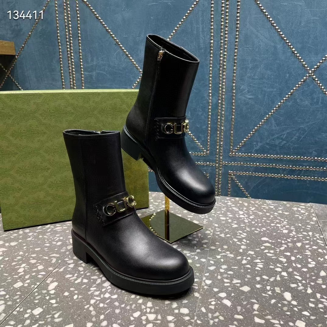 G*u*i women gg G*u*i boot black leather rubber sole mid 8.9 cm heel
