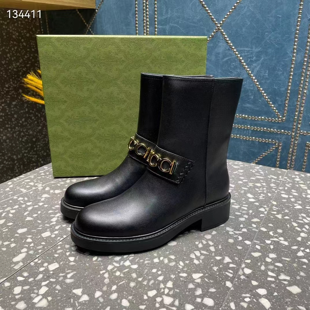 G*u*i women gg G*u*i boot black leather rubber sole mid 8.9 cm heel