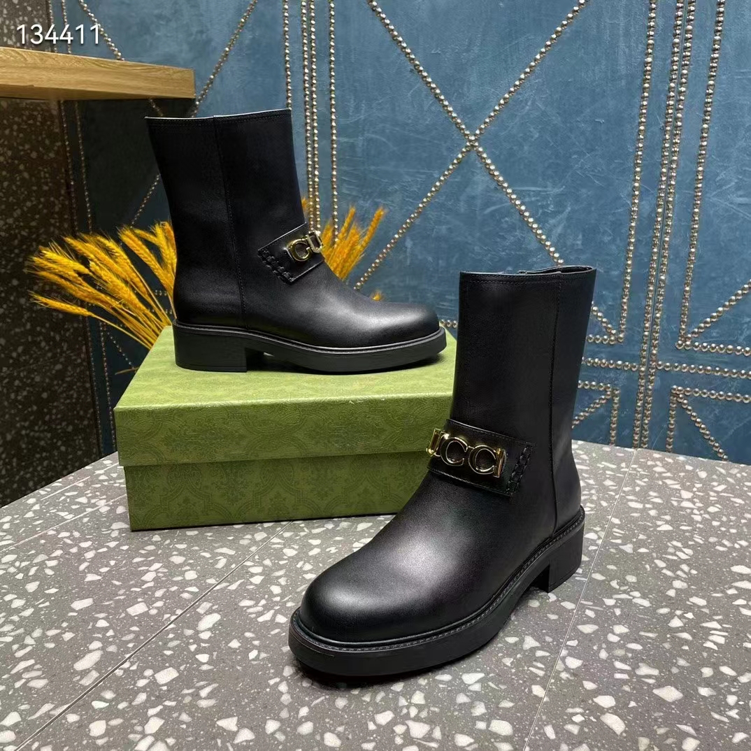 G*u*i women gg G*u*i boot black leather rubber sole mid 8.9 cm heel