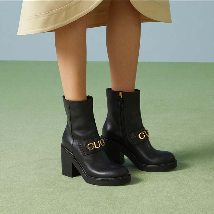 G*u*i women gg G*u*i boot black leather rubber sole mid 8.9 cm heel