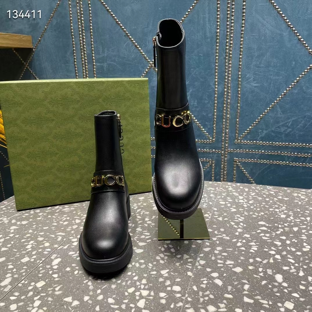 G*u*i women gg G*u*i boot black leather rubber sole mid 8.9 cm heel