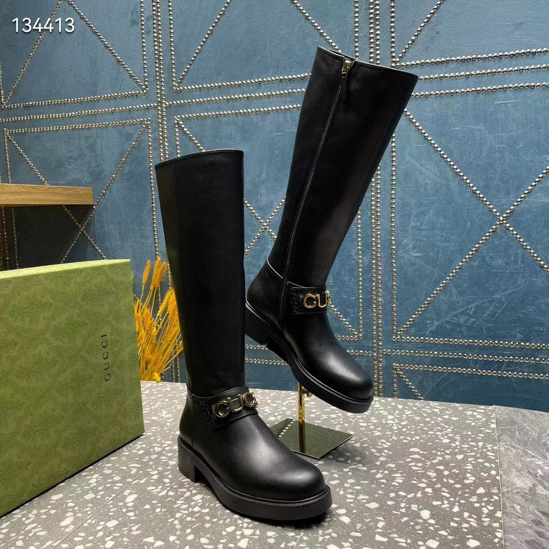 G*u*i women gg G*u*i boot black leather rubber sole side zip closure flat 2.3 cm heel