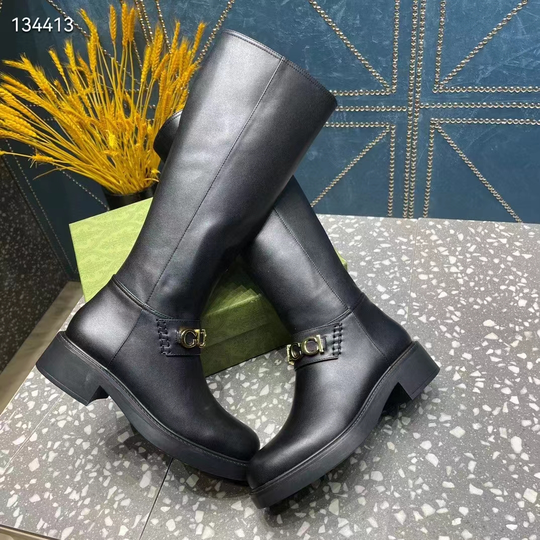 G*u*i women gg G*u*i boot black leather rubber sole side zip closure flat 2.3 cm heel