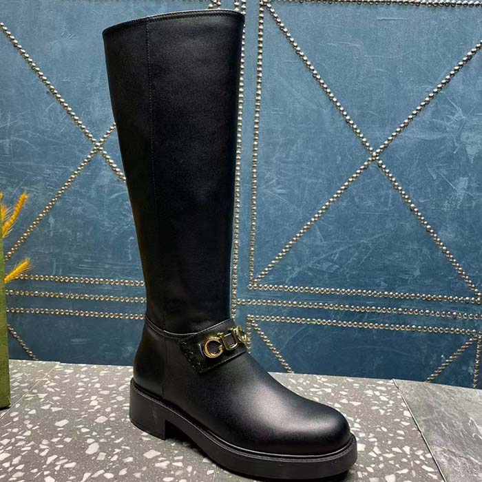 G*u*i women gg G*u*i boot black leather rubber sole side zip closure flat 2.3 cm heel