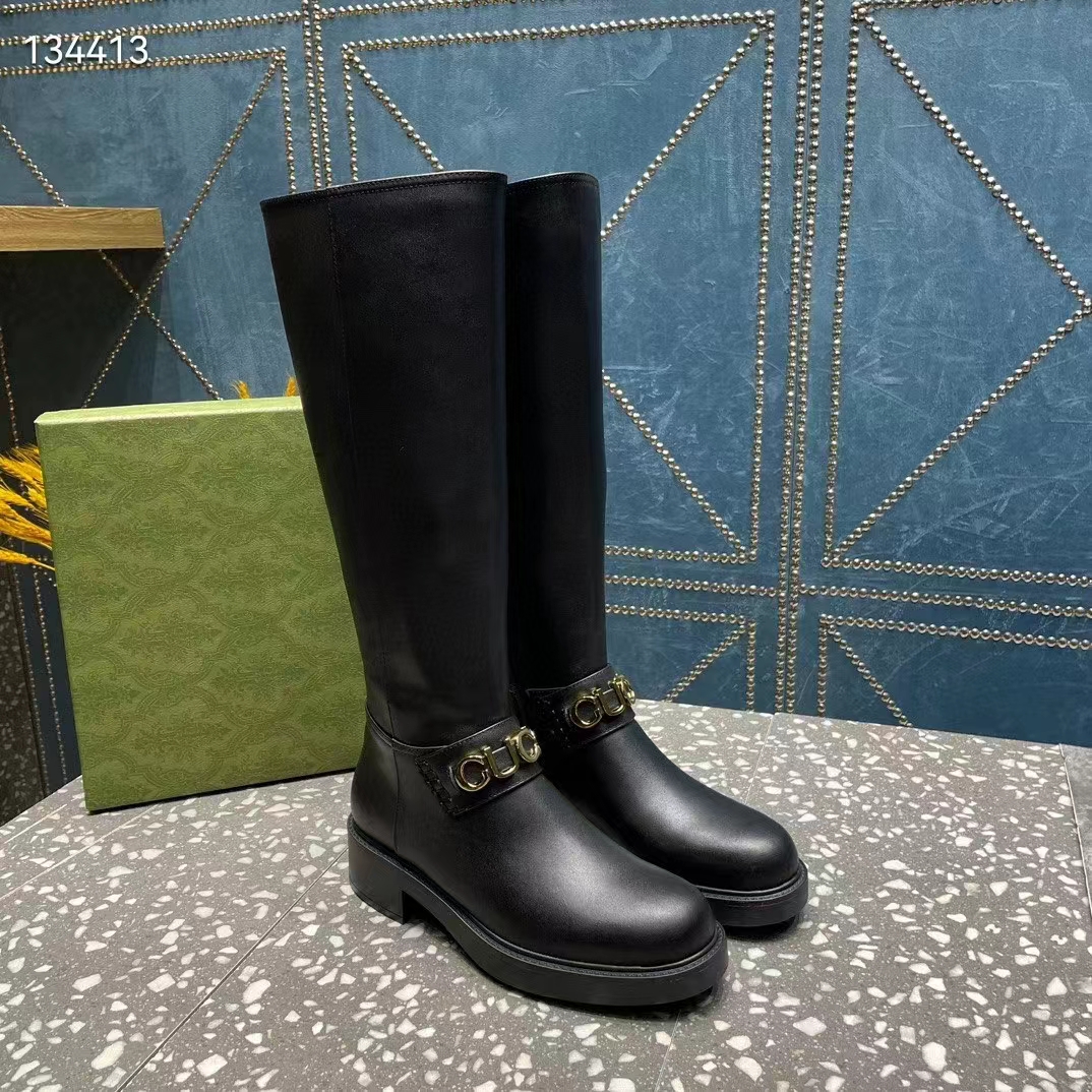 G*u*i women gg G*u*i boot black leather rubber sole side zip closure flat 2.3 cm heel