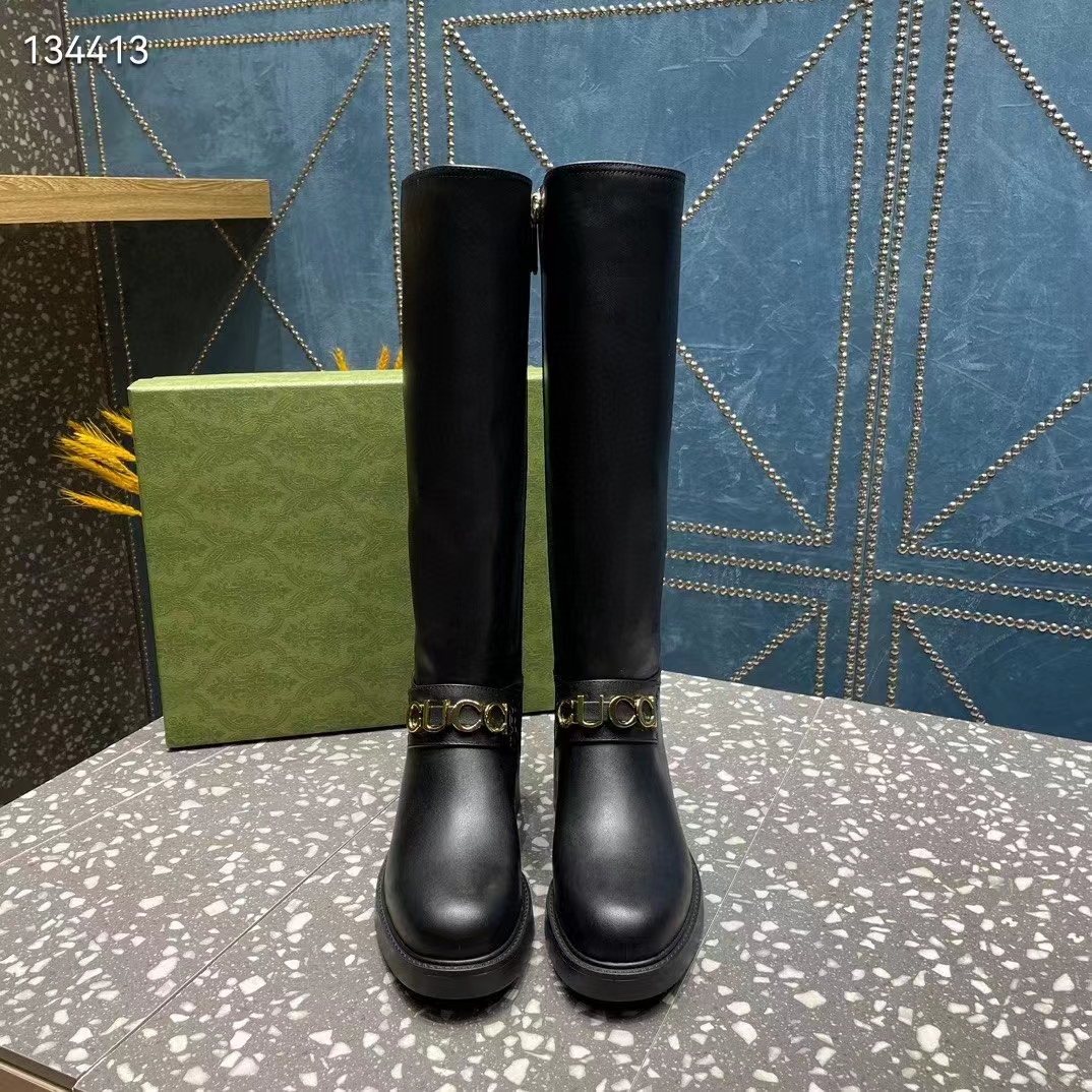 G*u*i women gg G*u*i boot black leather rubber sole side zip closure flat 2.3 cm heel