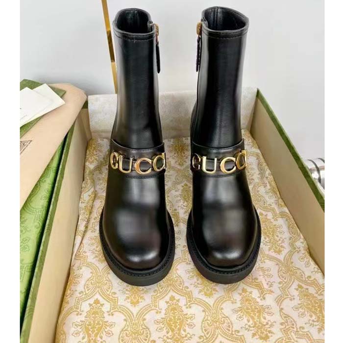 G*u*i women gg G*u*i boot black leather script rubber sole side zip closure mid-heel