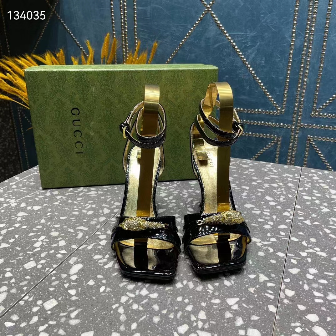 G*u*i women gg high-heel sandal hardware black patent leather square toe geometric-shaped heel