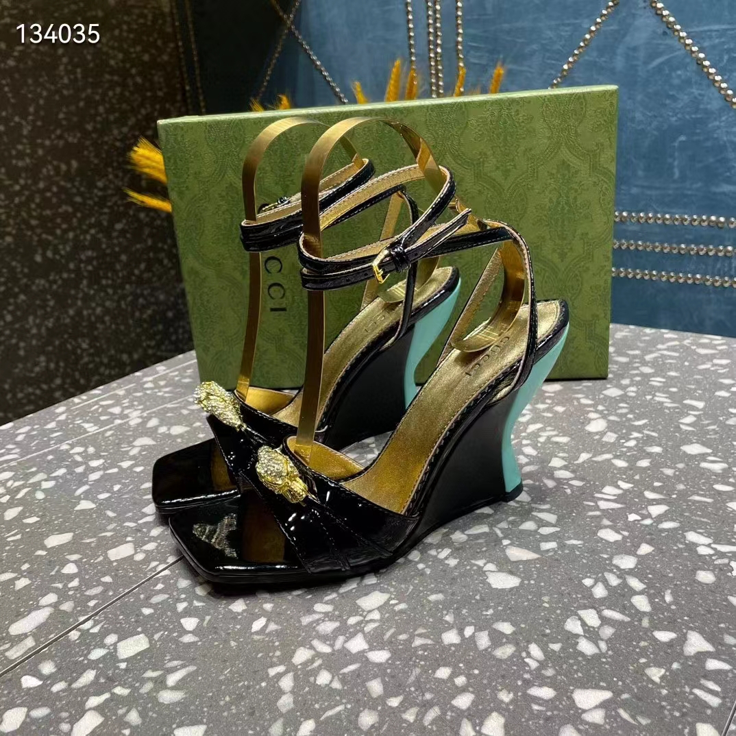 G*u*i women gg high-heel sandal hardware black patent leather square toe geometric-shaped heel