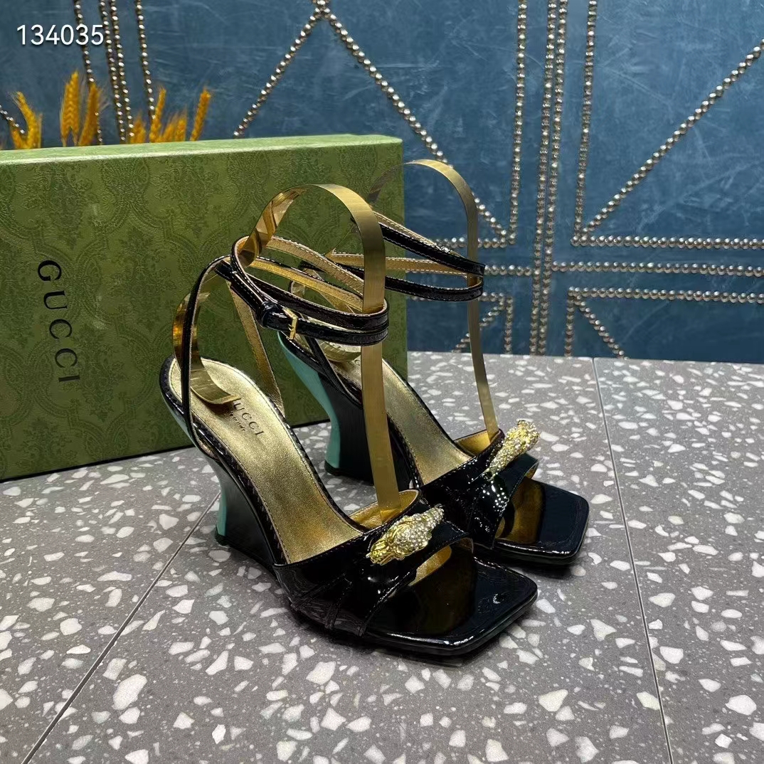 G*u*i women gg high-heel sandal hardware black patent leather square toe geometric-shaped heel