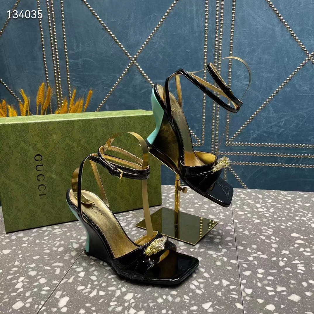 G*u*i women gg high-heel sandal hardware black patent leather square toe geometric-shaped heel